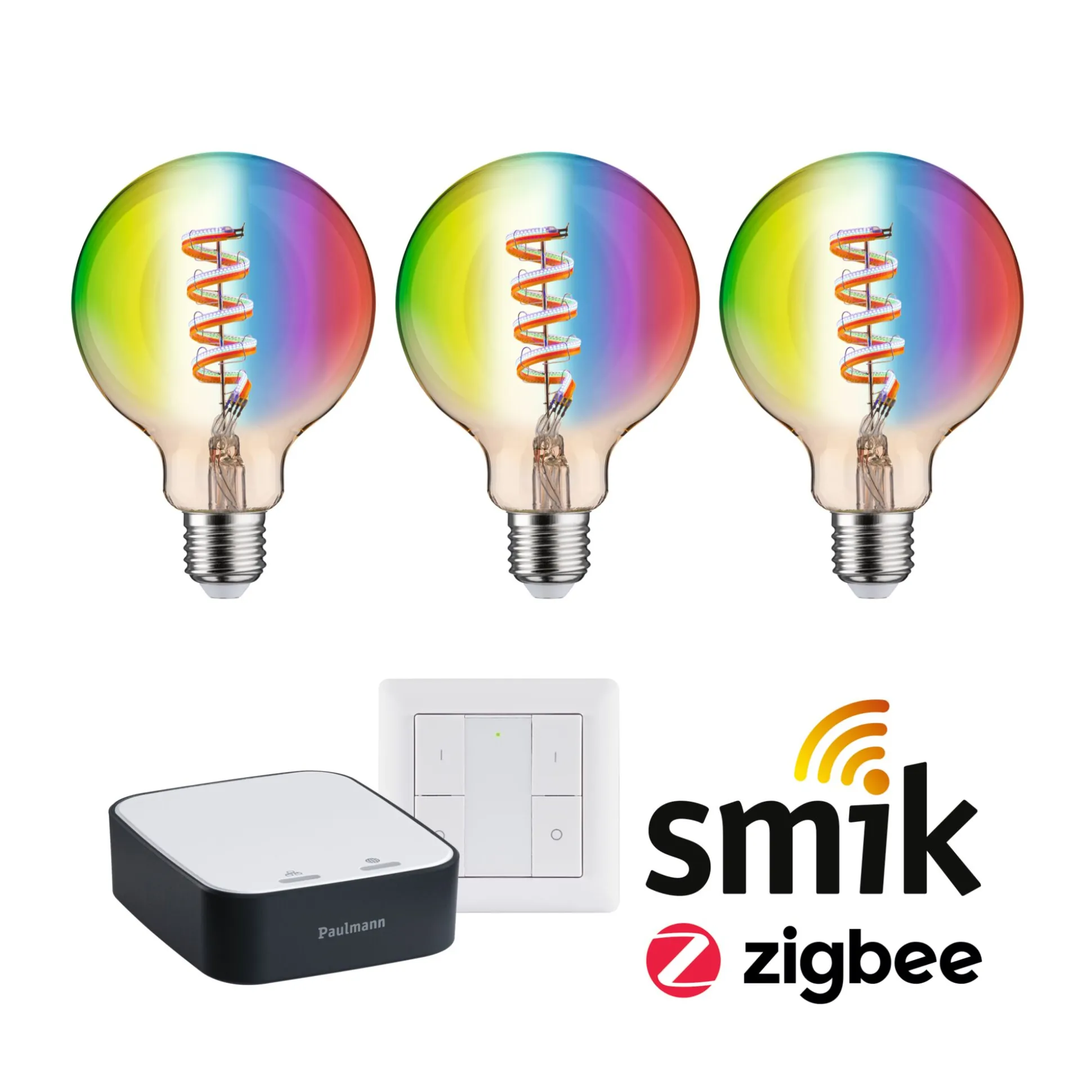Preisattraktives Starterset Smart Home Zigbee 3.0 - LED Birne Filament G95 RGBW + Gateway + Schalter